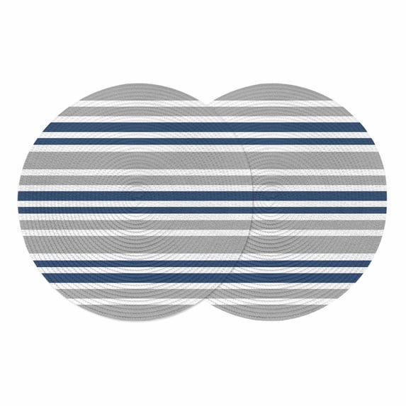 Navy Blue Grey Striped Round 13 Inch Placemats Set of 2, Horizontal Lines Simple Minimalist HeatResistant Non Slip Place Mats for Dining Table, Wipeable Braided Kitchen Table Mats for Housewarming
