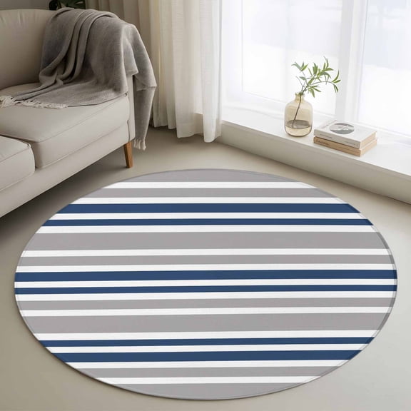 Navy Blue Grey Striped Round Area Rug 3.3 FT, Non Slip Small Entryway Kitchen Mat, Horizontal Lines Simple Minimalist Washable Soft Circular Rug Non-Shedding Door Mat for Bathroom Playroom Kids Room