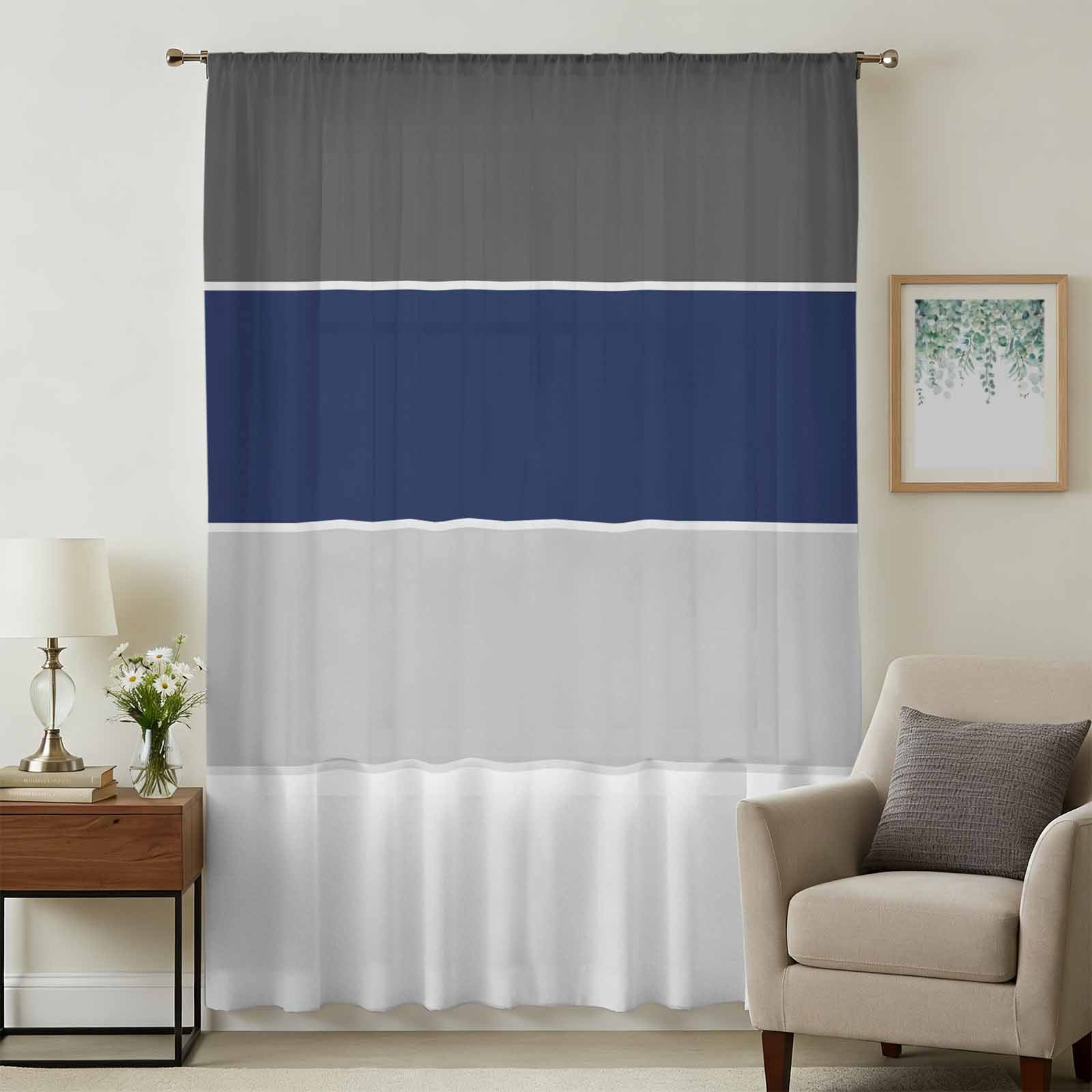 Navy Blue Grey Striped Sheer Curtains 45 Inches Long, Farmhouse Modern ...