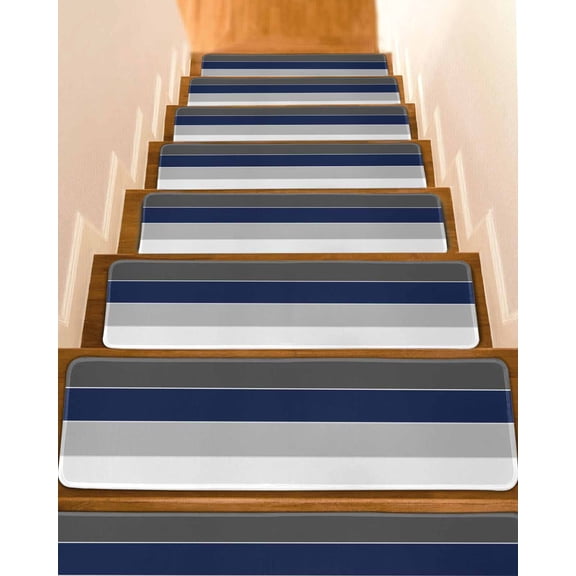 Navy Blue Grey Striped Stair Treads for Wooden Steps Indoor Runner Rug Carpet, Farmhouse Modern 4 Pieces Peel and Stick Staircase Step Treads Covers Washable Throw Door Mats, 30"x8"