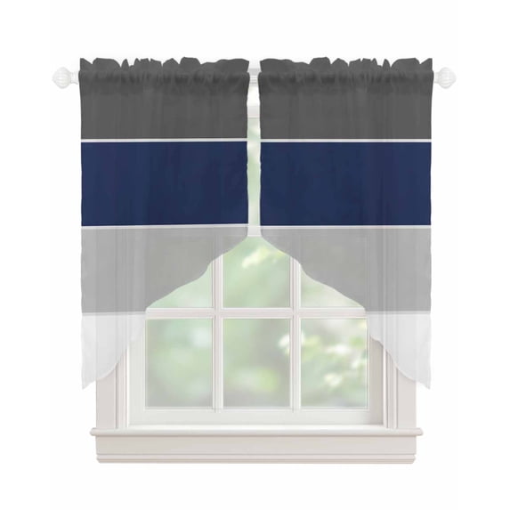 Navy Blue Grey Striped Swag Valances for Windows, Farmhouse Modern Rod Pocket Sheer Valances for Small Windows, Swag Toppers Light Filtering for Kitchen Living Room 2 Panels 36''x36''