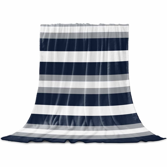 Navy Blue Grey Striped Throw Blanket for Couch, Soft Lightweight Flannel Fleece Blanket, Farmhouse Stripes Minimalist Microfiber Plush All Season Decorative Blankets Gifts for Sofa Bed 50"x60"