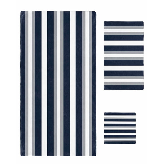 Navy Blue Grey Striped Towel Set of 3, Soft Microfiber Bath Towels, Hand Towel, Washcloths, Farmhouse Stripes Minimalist Quick-Dry Absorbent Towels for Bathroom Kitchen Hotel Beach Gym Spa