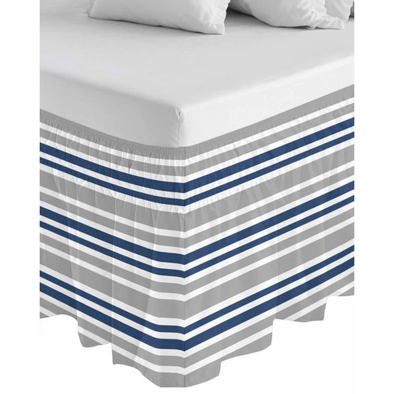 Navy Blue Grey Striped Wrap Around Bed Skirts for California King Bed 18" Drop,Bed Skirt with Adjustable Elastic Belt Dust Ruffle Bed Valance Horizontal Lines Simple Minimalist Bed Frame Cover