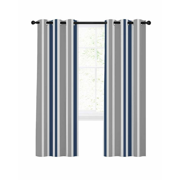 Navy Blue Grey Stripes Blackout Curtains 39 Inches Length, Simple Striped Lines Minimalist Window Treatment Thermal Insulated Drapes for Bedroom Living Room 2 Panels 55x39 Inches