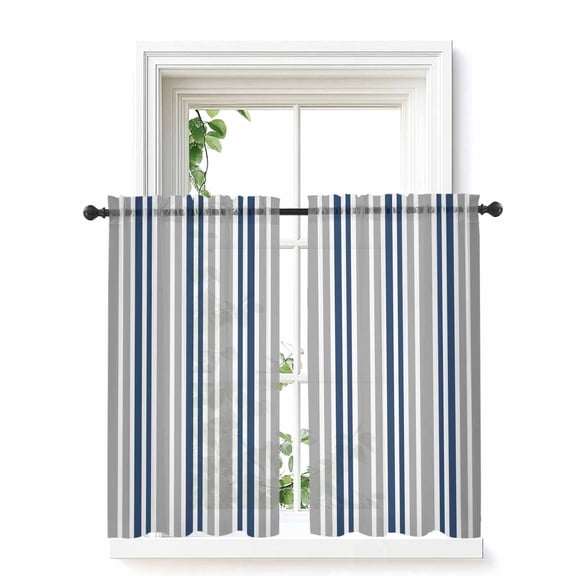 Navy Blue Grey Stripes Curtains 45 Inch Length,Sheer Curtains for Bedroom Living Room Window Simple Striped Lines Minimalist Rod Pocket Drapes Kitchen Curtains Small Half Window 42"x45" 2 Panels