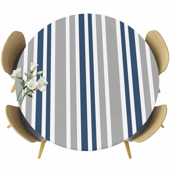 Navy Blue Grey Stripes Round Tablecloth, Fitted Table Cover with Elastic for 45"-54" Round Tables, Simple Striped Lines Minimalist Table Cloth Outdoor Indoor Dinning Party Waterproof Tablecloths