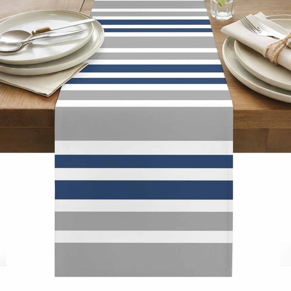 Navy Blue Grey Stripes Table Runner - 60 Inch Long, Kitchen Dining Table Runner Dresser Scarves, Simple Striped Lines Minimalist Farmhouse Decor for Coffee Tables Wedding Party Banquet