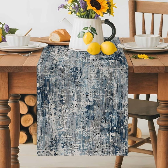 Navy Blue Grey Table Runner 13x36 Inch Abstract Modern Boho Mottled Vintage Cotton Linen Dining Table Runner Ideal for Dresser Kitchen Coffee Tables - Machine Washable