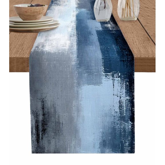 Navy Blue Grey Table Runner Cotton Linen 72 Inch Holiday Dresser Scarves, Modern Ombre Oil Painted Abstract Art Tablerunner for Kitchen Coffee Dining Bedroom Living Room Dinner Scarf Décor 13''x72''