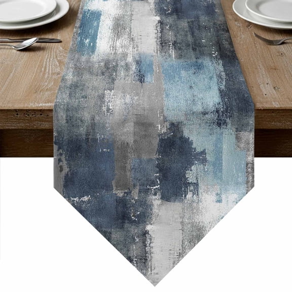 Navy Blue Grey Table Runner Linen Burlap Table Runner 72 Inches Long Modern Oil Painted Abstract Art Aesthetics Dresser Scarves for Kitchen Island Coffee Dining Party Wedding Holiday Decor 16"x72"