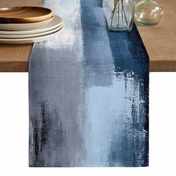 Navy Blue Grey Table Runner, Modern Ombre Oil Painted Abstract Art Washable Cotton Linen Table Runners 36 Inches Long, Dresser Scarf Runner for Nightstand/End Tables/Round Tables 13''x36''