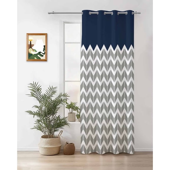 Navy Blue Grey Thermal Insulated Blackout Curtains for Bedroom 63 Length Herringbone Abstract Room Darkening Curtain 1 Panel Grommet Window Curtain Drape for Living Room Nursery Room