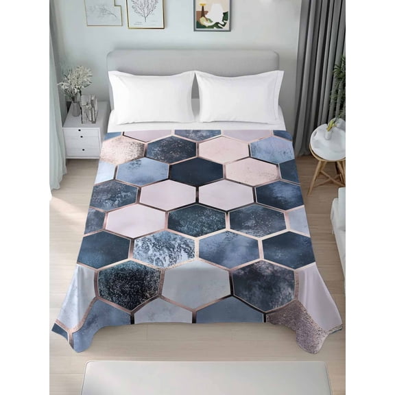 Navy Blue Grey Twim Size Flat Sheet, Wrinkleproof & Fadeproof Cooling Flat Bed Sheet Only, Modern Abstract Art Geometric Breathable Soft Bedding Top Sheets 66 x 96 Inches