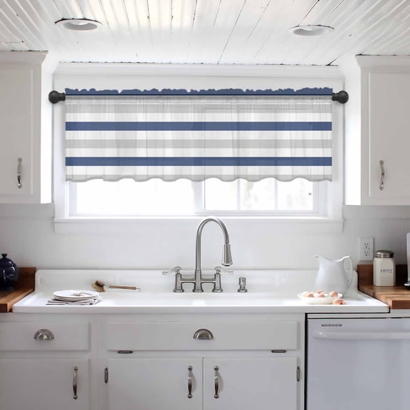 Navy Blue Grey Valance Curtains for Kitchen/Living Room/Bathroom/Bedroom Window, Farmhouse Watercolor Modern Geometric Rod Pocket Small Topper Half Short Window Curtains Voile Sheer Scarf 42"x12"