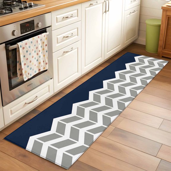 Navy Blue Grey Washable Area Rug 2x6 Herringbone Abstract Low-Profile Area Rugs with Non Slip Backing Indoor Floor Carpet for Entrance Living Room Bedroom Home Office