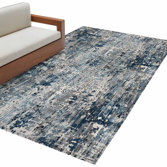 Navy Blue Grey Washable Area Rugs 3'x5', Abstract Modern Boho Mottled Vintage Low Pile Throw Living Room Rug Non-Slip Sturdy Edge Binding Carpet for Indoor Entryway Bedside Kitchen