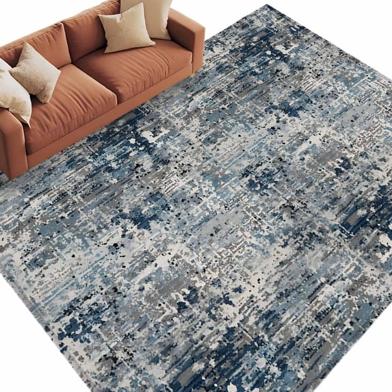 Navy Blue Grey Washable Living Room Rugs 5'x8', Abstract Modern Boho Mottled Vintage Low Pile Throw Large Area Rug Non-Slip Sturdy Edge Binding Carpet for Living Room Kitchen Office