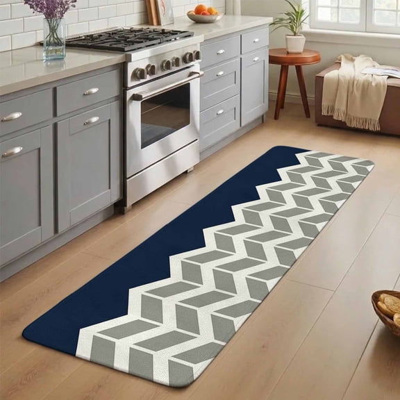 Navy Blue Grey Washable Runner Rug 3X7 ft Herringbone Abstract Non-Slip Hallway Runner Rug, Linen Kitchen Runner Mats, Indoor Floor Carpet for Entryway Bathroom Bedroom Living Room