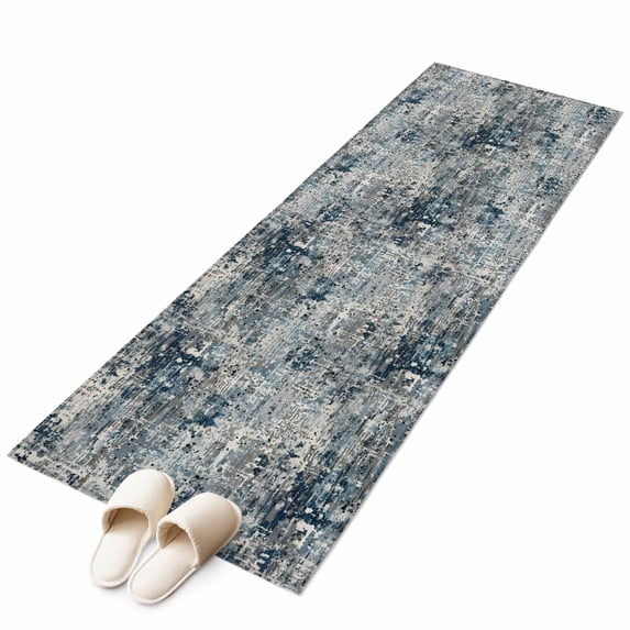 Navy Blue Grey Washable Runner Rugs 2'x6', Abstract Modern Boho Mottled Vintage Low Pile Throw Entryway Rug Non-Slip Sturdy Edge Binding Carpet for Indoor Bedside Entrance Bedside