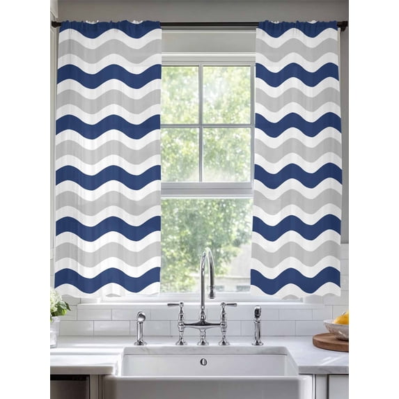 Navy Blue Grey Wave Chiffon Sheer Curtains 63 Inches Long, Abstract Striped Water Ripple 2 Rod Pocket Window Treatment Voile Drapes Curtains for Living Room Bedroom,2 Panels, 52x63In