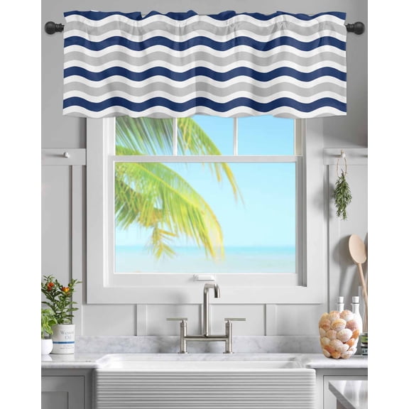 Navy Blue Grey Wave Curtain Valances for Kitchen Windows,Rod Pocket Short Valance Abstract Striped Water Ripple Small Window Treatment for Living Room Bathroom Bedroom,42"x12"-1 Panel