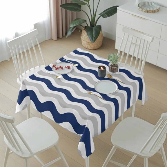 Navy Blue Grey Wave Table Cloth 54x54in, Waterproof Square Tablecloth Wipeable Tablecloths Abstract Striped Water Ripple Table Covers for Dining Tables Party Indoor Outdoor