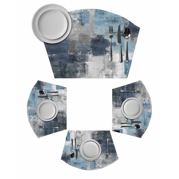 Navy Blue Grey Wedge Shaped Placemats Set of 6, Cotton Linen Fan Place Mats, Modern Oil Painted Abstract Art Aesthetics Washable Table Mats for Holiday Wedding Party Dinning Coffee Tables 11.8"x17.5"