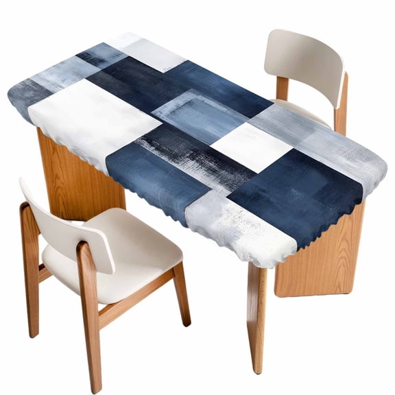 Navy Blue Grey White Fitted Rectangle Tablecloth 24" x 50" Abstract Art Modern Oil Painting Elastic Table Cloth Fits for 4 Foot Folding Tables Waterproof Table Cover for Picnic Camping Outdoor