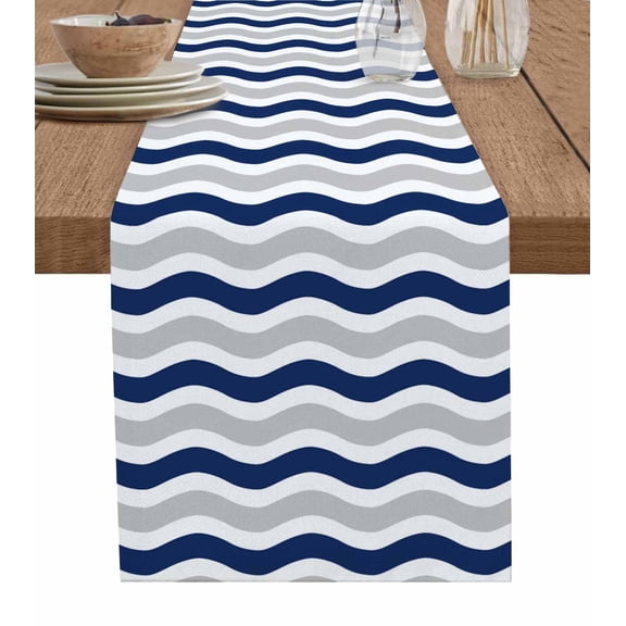 Navy Blue Grey White Table Runner Cotton Linen 72 Inch Holiday Dresser Scarves, Abstract Geometric Ocean Wave Stripe Tablerunner for Kitchen Coffee Dining Living Room Dinner Scarf Décor 13''x72''