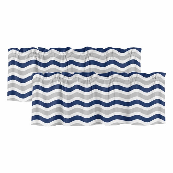 Navy Blue Grey White Valances for Windows, Light Filtering Kitchen Curtain Valances 2 Panels, Abstract Geometric Ocean Wave Stripe Rod Pocket Short Window Treatments for Living Room Bedroom 42"Wx12"L