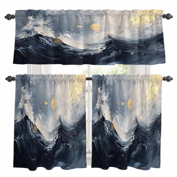 Navy Blue Grey Yellow Kitchen Curtains Sets for Windows 24 Inch Length, Oil Painting Art Abstract Modern Rod Pocket Window Treatments Tier Curtains and Valances Set for Bedroom/Bathroom