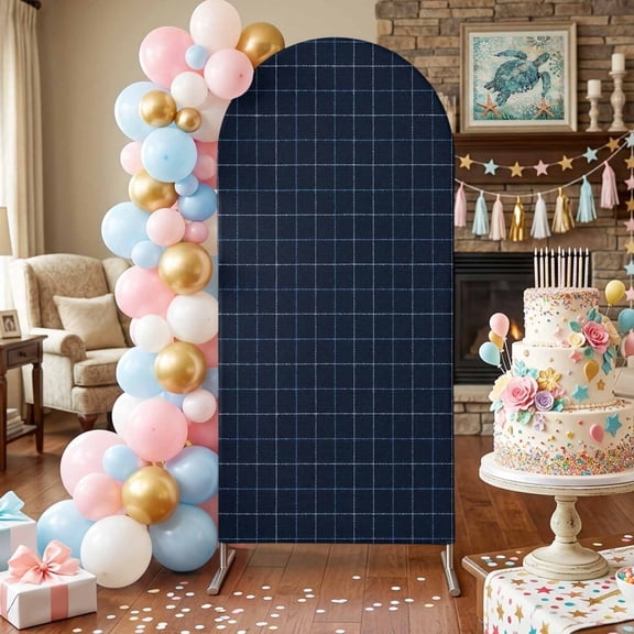 Navy Blue Grid Arch Backdrop Covers 4 FT, Square Frame Indigo Tint Plaid French Country Minimalist Stretchy Fitted Arched Stand Covers Party Arch Stand Cover Photo Booth for Wedding Birthday Decor