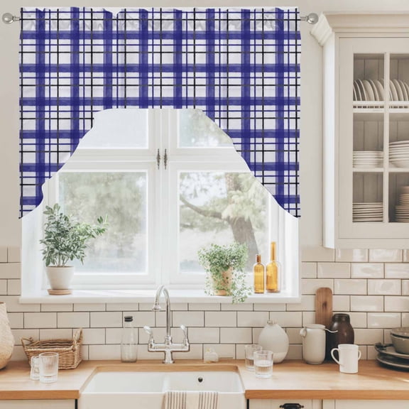 Navy Blue Grid Gingham Swag Curtain Valance for Windows, Abstract Modern Minimalist Stripe Checked Swag Curtains Drapes Rod Pocket for Kitchen Bathroom Small Window, 1 Panel 56x36in