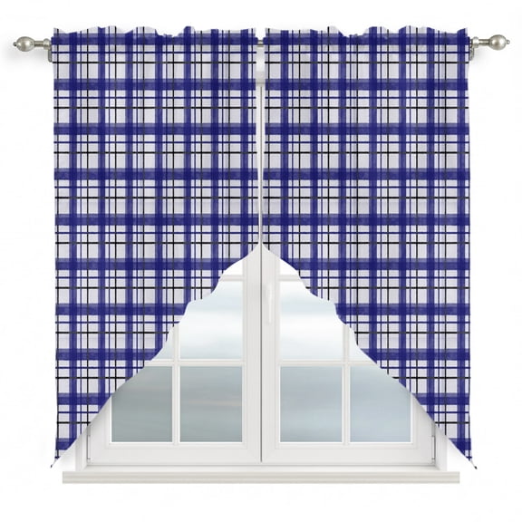 Navy Blue Grid Gingham Swag Valances for Windows 2 Pack Abstract Modern Minimalist Stripe Checked Swag Kitchen Curtains 36 Inches Long Rod Pocket Short Window Treatment for Kitchen Bathroom 36"x36"