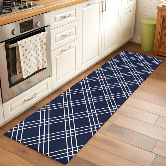 Navy Blue Grid Hallway Washable Runner Rug 2x6 Modern Minimalist Classic White Lines Checkered Low-Profile Area Rugs with Non Slip Backing Indoor Floor Carpet for Entrance Living Room Bedroom