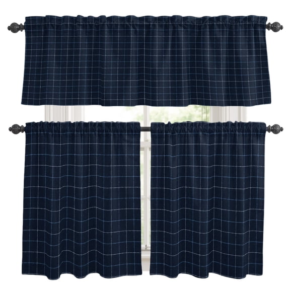 Navy Blue Grid Kitchen Curtains Valances 3 Piece Set, Square Frame Indigo Tint Plaid French Country Minimalist Rod Pocket Tier Curtain and Valance Drapes for Window 24 Inch Length for Bedroom Cafe