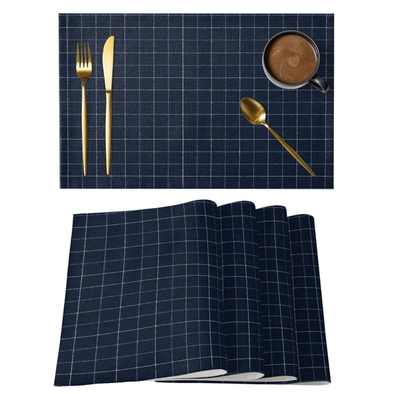 Navy Blue Grid Placemats Set of 12, Square Frame Indigo Tint Plaid French Country Minimalist Non-Slip Place Mats Washable Table Mats for Kitchen Dining Table Decorations Indoor/Outdoor