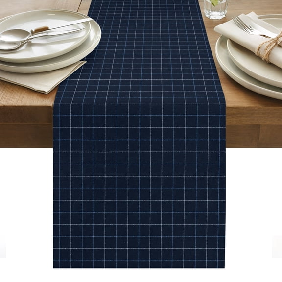 Navy Blue Grid Table Runner, Square Frame Indigo Tint Plaid French Country Minimalist Washable Kitchen Table Runners for Dining Table Decorations Party/Restaurant/Indoor Outdoor Use, 13x36in