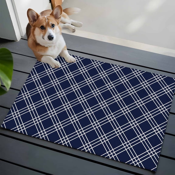 Navy Blue Grid Washable Entry Rug 2x3 Modern Minimalist Classic White Lines Checkered Low-Profile Area Rugs with Non Slip Backing Indoor Floor Carpet for Entrance Living Room Bedroom Home Office