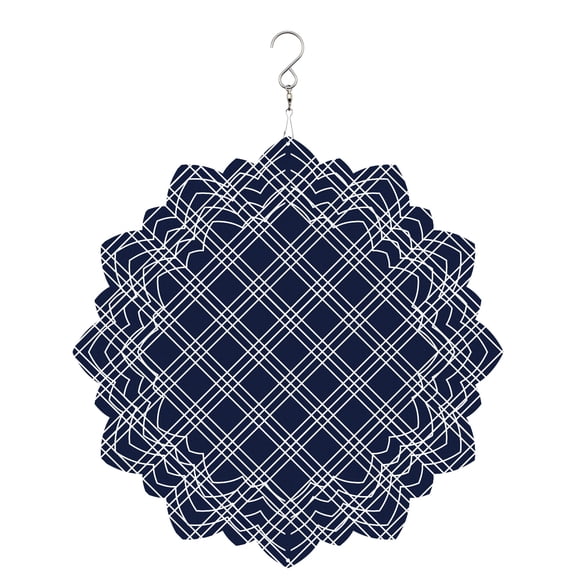 Navy Blue Grid Wind Spinner for Garden Yard 8In, Modern Minimalist Classic White Lines Checkered 3D Stainless Steel Kinetic Hanging Wind Spinners Rustproof Outdoor Decor for Lawn Patio Home