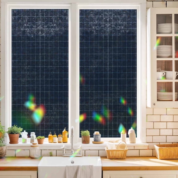 Navy Blue Grid Window Privacy Film Square Frame Indigo Tint Plaid French Country Minimalist Static Cling Stained Glass Window Film Non-Adhesive Decorative Decals Rainbow Sticker 17.7"X39.3"