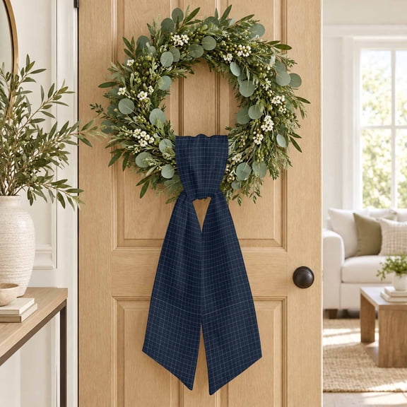 Navy Blue Grid Wreath Sash, Square Frame Indigo Tint Plaid French Country Minimalist Decorative Ribbon Wreath Sash for Front Door, Porch Indoor Holiday Decor
