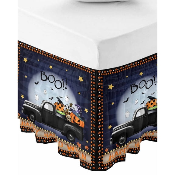 Navy Blue Halloween Bed Skirt Queen Size 16 Inch Drop, Wrap Around Bed Skirts, Pumpkins Stars Truck Modern Art Elastic Bedskirt Pleated Bed Frame Cover Luxurious Dust Ruffle for Queen Bed