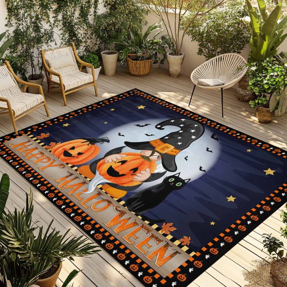 Navy Blue Halloween Outdoor Rug for Patio/Deck/Porch, Non-Slip Large Area Rug 5 x 7 Ft, Pumpkins Stars Gnomes Cat Modern Art Indoor Outdoor Rugs Washable Area Rugs, Camping Rug Carpet Runner