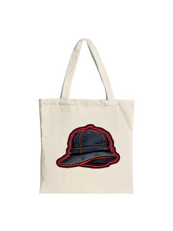 Navy Blue Hat Tote Bag with Red Outline & Yellow Accents - Stylish Canvas Bag for Shopping Travel & Parties