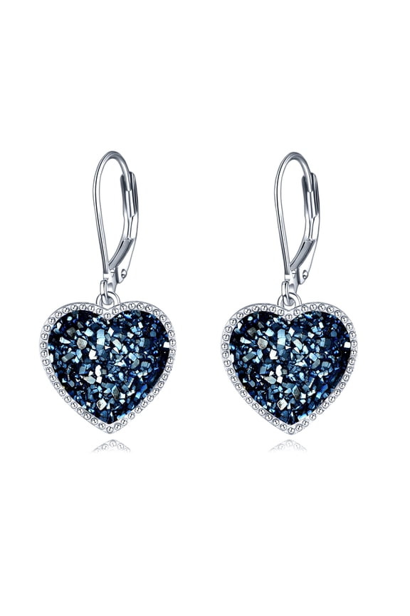 Navy Blue Heart Earrings Sterling Silver Navy Blue Drusy Heart Dangle Drop Earrings Jewelry Gift for Women Wife Mother