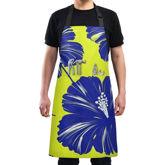 Navy Blue Hibiscus Flowers on Yellow Chef Kitchen Apron with Pockets for Women Waterproof Aprons for Cooking Baking