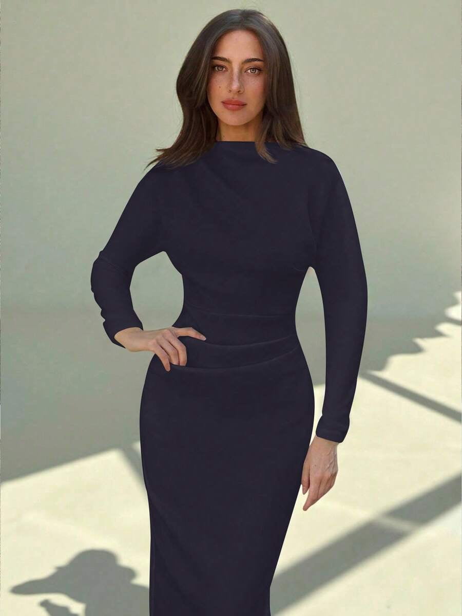 navy blue dress fitted High-Neck Long Sleeve Midi Sheath For Women, Office Elegant Style None Sleeve Type resort-evenings navy blue dress formal Men's Size:8 US