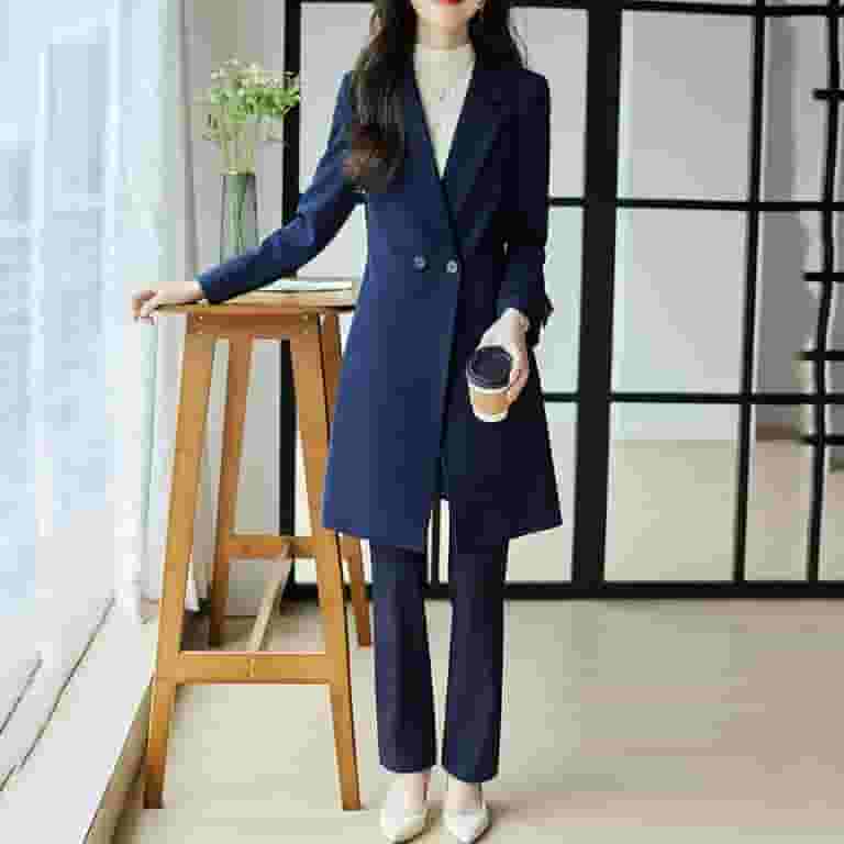 Long Jacket Suit Design For Ladies Navy Blue High Quality Formal